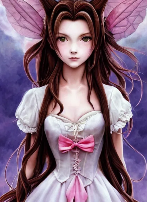 Prompt: devilish Aerith Gainsborough stares intently at you. surreally cute. ultra detailed painting at 16K resolution and epic visuals. epically surreally beautiful image. amazing effect, image looks crazily crisp as far as it's visual fidelity goes, absolutely outstanding. vivid clarity. ultra. iridescent. mind-breaking. mega-beautiful pencil shadowing. beautiful face. Ultra High Definition. processed twice. polished marble.