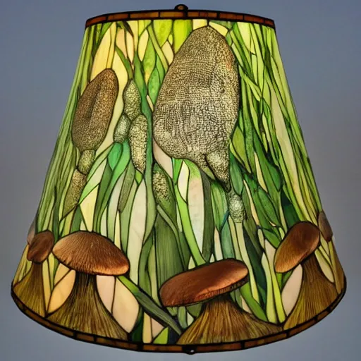 Prompt: beautifully detailed victorian art nouveau mushroom shaped tiffany lampshade, river reeds duckweeds close up abstractb mallard feathers, mucha tiffany kilian eng