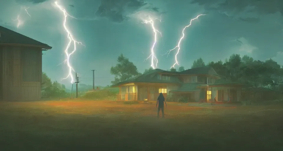 Prompt: Landscape with GIANT lightning bolt striking a Japanese house, center composition, cinematic, rendered by simon stålenhag, rendered by Beeple, Makoto Shinkai, syd meade, environment concept, digital art, starwars, unreal engine, 3 point perspective, WLOP, trending on artstation, low level, 4K UHD image, octane render,