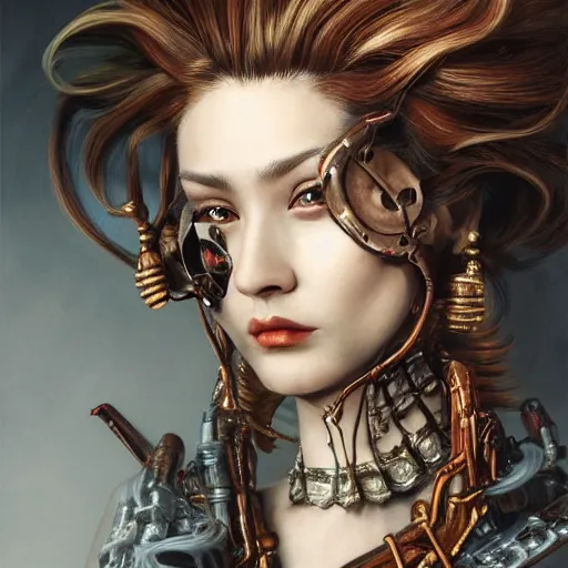 Image similar to portrait, headshot, insanely nice professional hair style, dramatic hair color, digital painting, of a old 17th century, old cyborg merchant, amber jewels, baroque, ornate clothing, scifi, realistic, hyperdetailed, chiaroscuro, concept art, art by Franz Hals and Jon Foster and Ayami Kojima and Amano and Karol Bak,