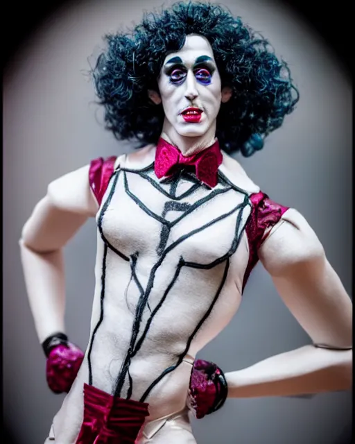 Prompt: a paper mache doll of dr. frank - n - furter, realistic, very detailed, complex, intricate, studio lighting, superres sharpening, bokeh, sigma 5 0 mm f 1. 4