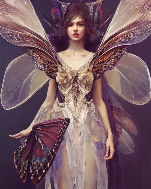 Image similar to Moth Fairy Maiden with large moth like wings wearing ornate dress by Ruan Jia and Andrei Riabovitchev, featured on Artstation, Hyperdetailed, stylized, realistic oil on linen, masterpiece, fantasycore, dark Academia