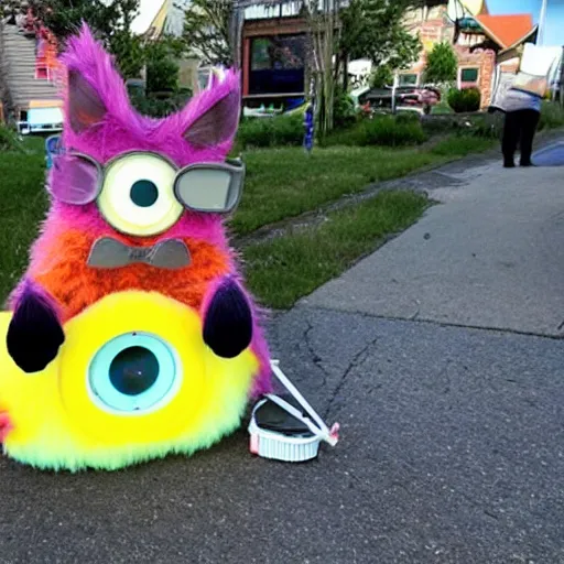 Prompt: giant furby spider attacking a small town