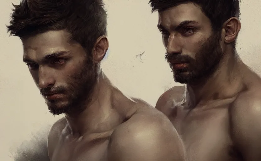 Prompt: a painting of arkul trending on artstation in the style of greg rutkowski, beautiful, male, sensual, natural skin, muscular, stubble, warrior, tattoo