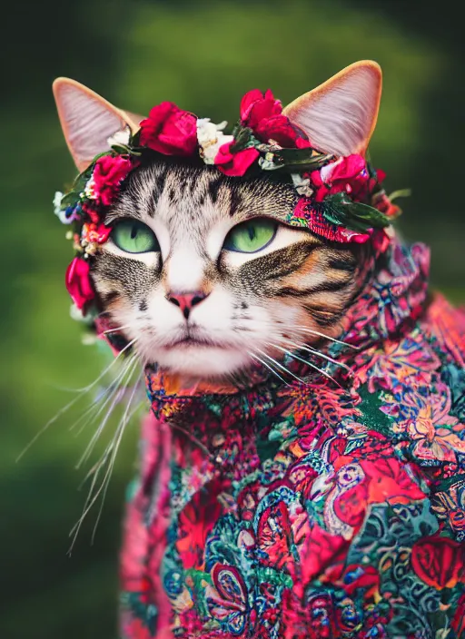 Image similar to 3 5 mm macro photography of a cat wearing a floral headdress and paisley suit