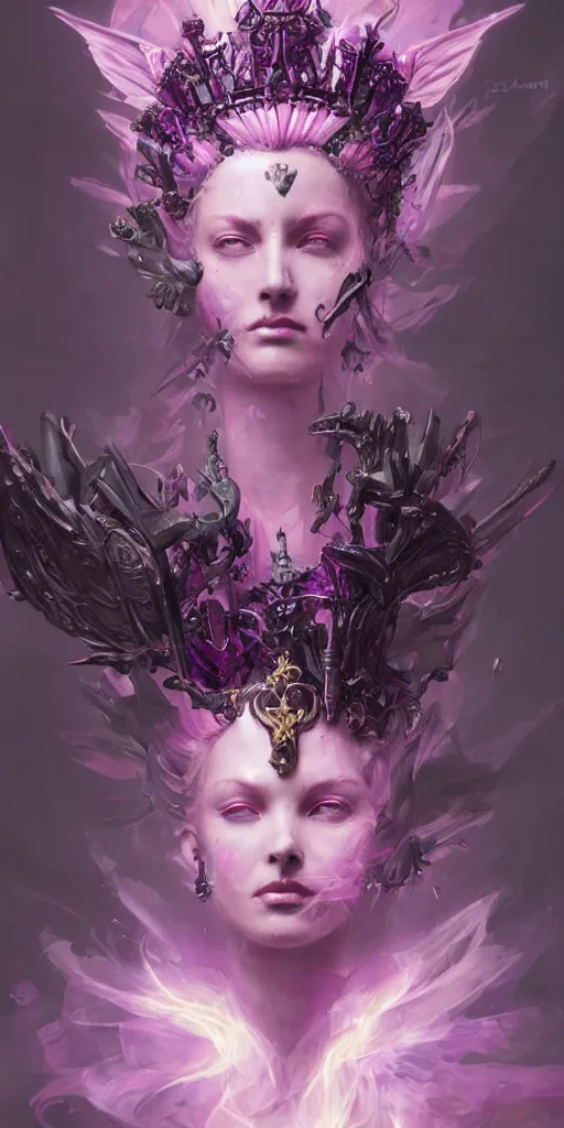 Image similar to female angel queen head wearing shiny pink crown, subtle purple accents, hyper details, black metal rococo, sculpted by Alex Alice, Craig Mullins, yoji shinkawa, trending on artstation, beautifully lit, Peter mohrbacher, hyper detailed, elite, elegant, luxury, ray of light through smoke, CGsociety, hypermaximalist, golden ratio, neofuture, volumetric, octane render, weta digital, micro details, 3d sculpture