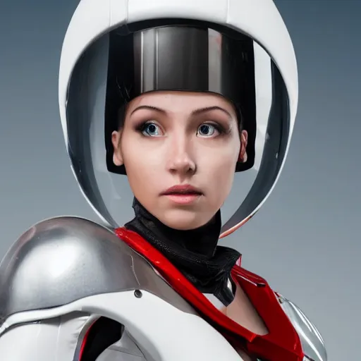 Prompt: headshot of an beautiful female soldier in glossy sleek primarily white armor with tiny red details and a long red cape, upward angle, determined expression, no helmet, on the surface of mars, night time, cinematic, sci-fi, hyperrealistic