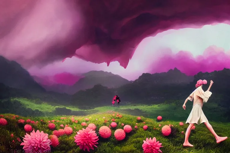 Image similar to giant dahlia flower crown under head, girl walking on mountain, surreal photography, pink storm clouds, dramatic light, impressionist painting, digital painting, artstation, simon stalenhag