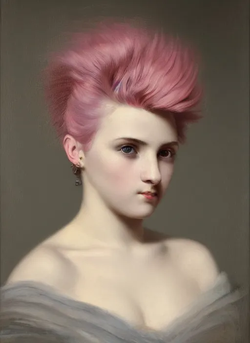 Prompt: a detailed portrait of 2 0 year old girl with a mohawk by edouard bisson, pink hair, punk rock, looking at the camera, oil painting, muted colours, soft lighting