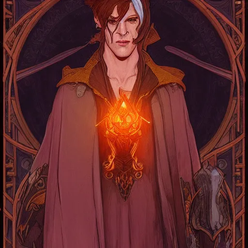 Prompt: a portrait of a male warlock, medium level shot , epic scene, Mucha style , Grim fantasy, illustration ,concept art,