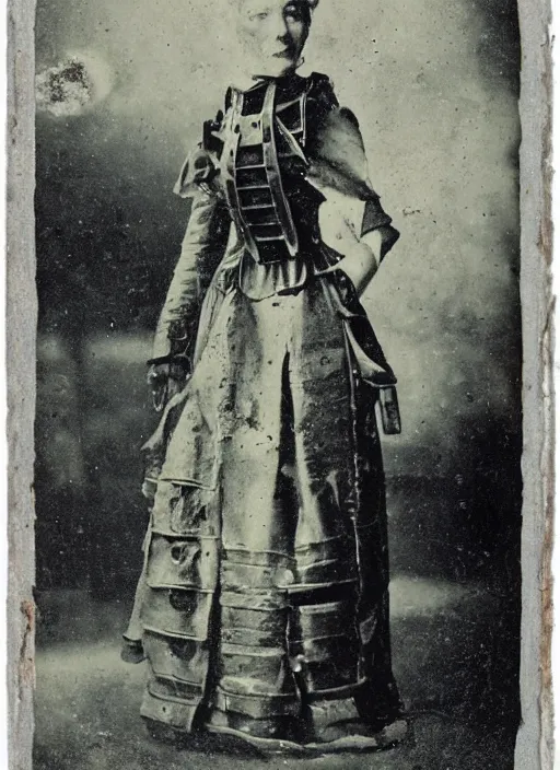 Image similar to 1 8 8 5 frontal photo of a steampowered riveted glados, daguerrotype, high quality