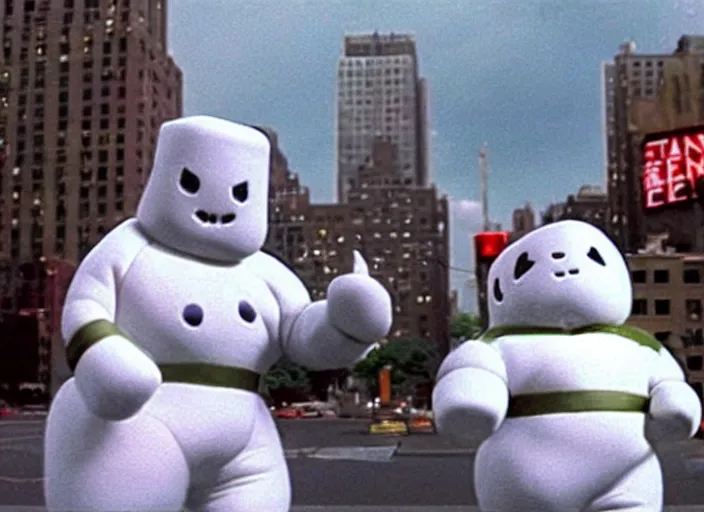 Image similar to Th Stay Puft Marshmallow Man attacks New York, ultra realistic, cinematic