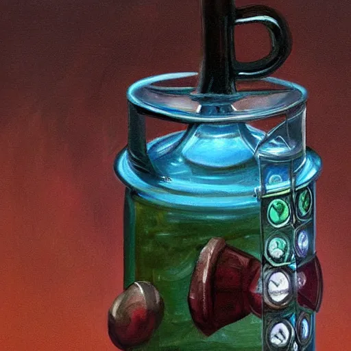 Prompt: painting of one health potion, closeup, fantasy, concept art, glass, by tony diterlizzi