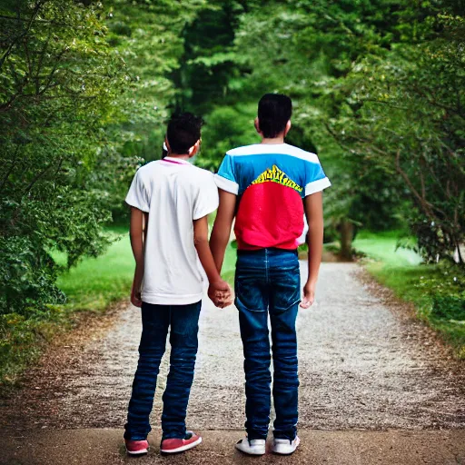 Image similar to Photograph of two male teenagers in love, holding hand, sigma 85mm