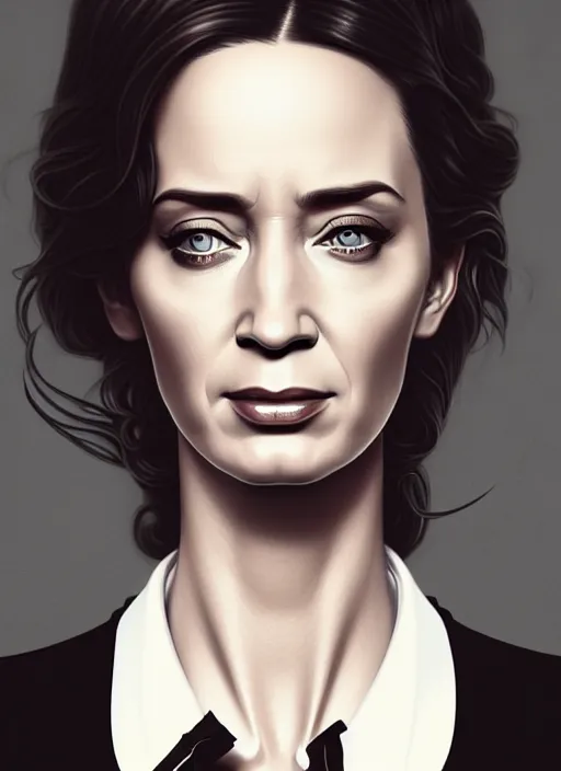 Image similar to portrait of emily blunt as business woman, black suit, white shirt, black tie, intricate, headshot, highly detailed, digital painting, artstation, concept art, sharp focus, cinematic lighting, illustration, art by artgerm and greg rutkowski, alphonse mucha, cgsociety