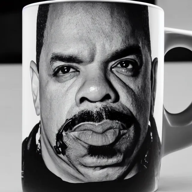 Image similar to a picture of ice - t rapper printed on the side of a mug full of iced tea, product showcase, studio lighting