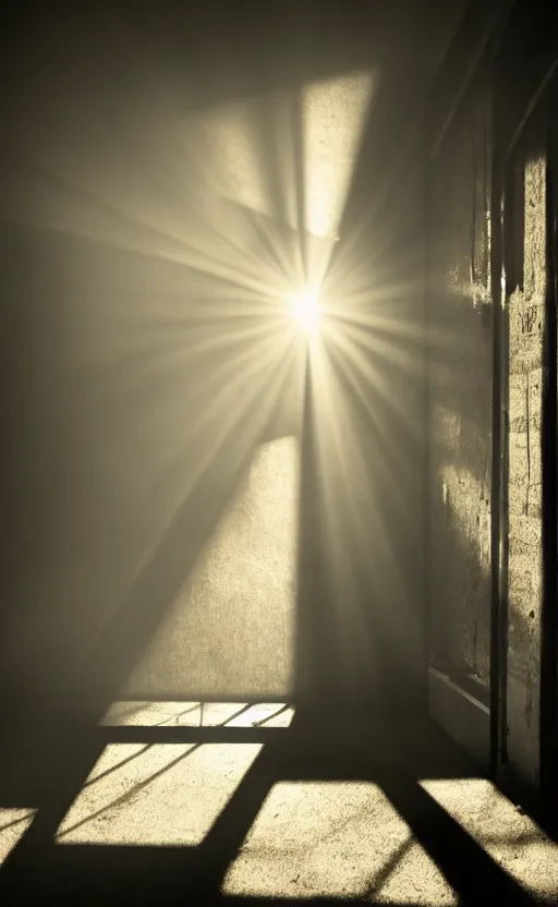 Prompt: a beautiful photograph of a dark room and sunlight, dramatic composition