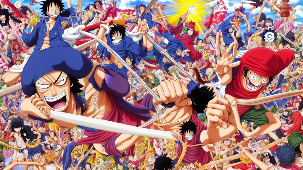 Image similar to onepiece in highly detailed manga spread combination of art styles depicting an impactful action scene on open meadow clear sky at noon with expert design fictional characters, dynamic art by sakimi, bright colors, moebius, makoto shinkai, murata, james jean, craig mullins, digital painting, masterpiece, best selling, pixiv, volumetric lighting, realistic shaded lighting, 8 k