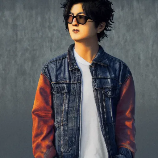 Prompt: young jin akanishi standing in front of his home in san fransokyo, close up portrait photo, hyper detailed, digital art, trending on artstation, cinematic lighting, studio quality, smooth render, unreal engine, octane render, photorealistic, atmospheric