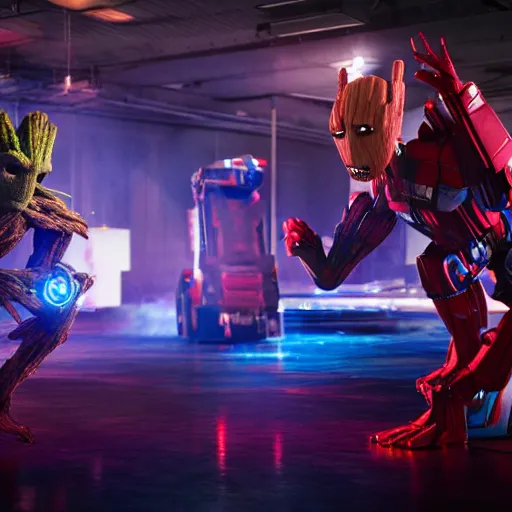 Prompt: groot and optimus prime dancing at techno party among people, wide shoot, octane render, ultra realistic