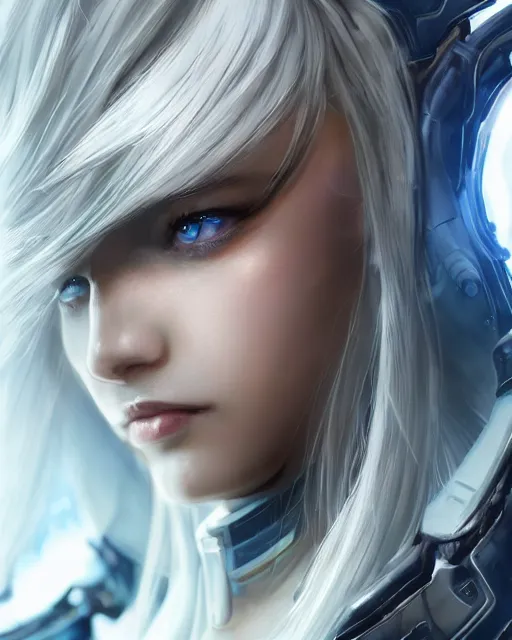 Image similar to detailed portrait of perfect android girl, warframe armor, beautiful face, scifi, futuristic, space station, laboratory, song hye - kyo, dreamy, long white hair, blue cyborg eyes, cinematic lighting, innocent, highly detailed, sharp focus, smooth, artstation, intricate, award winning, pure aura, divine, by akihiko yoshida