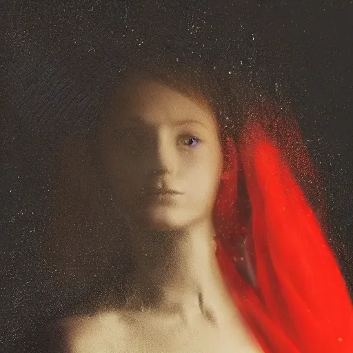 Image similar to half - length portrait of girl in a red hat and black dress, fine art portrait photography by paolo roversi, volumetric lighting, very detailed, high resolution,