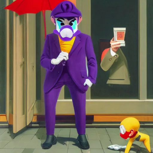 Image similar to Waluigi robbing a bank by Raphael, Hopper, and Rene Magritte. detailed, romantic, enchanting, trending on artstation.