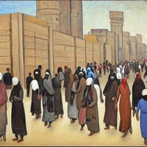 Image similar to painting of egyptian commuters heading to the central business district of cairo, painted by laurence stephen lowry, oil on canvas, national gallery