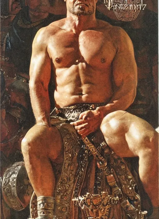 Image similar to head and torso portrait of mariusz pudzianowski as viking king sitting on throne, by lawrence alma tadema and rick berry and norman rockwell and greg staples