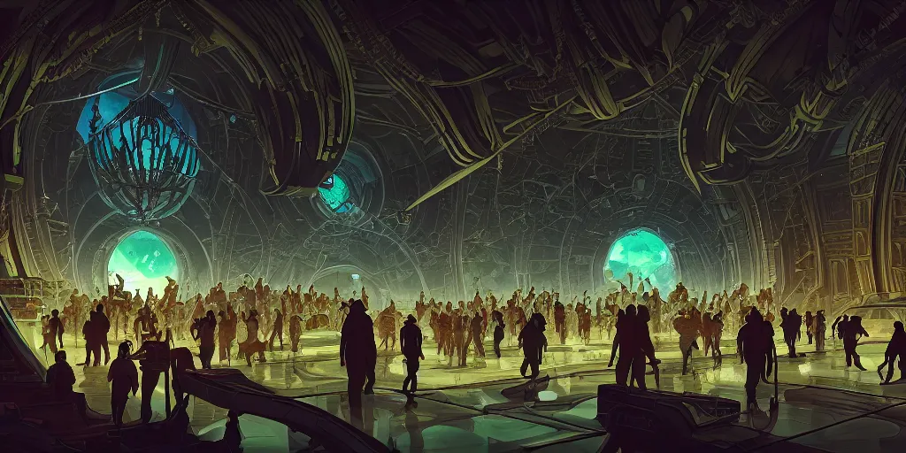 Image similar to cel shaded cinematic shot of the interior of a sci-fi space station with ornate Elven architecture bustling with people, epic castle, emerald, crystalline, detailed illustration, sharp focus, concept art