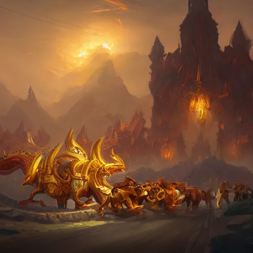 Prompt: a golden battle chariots, yellow magic theme, bright art masterpiece artstation. 8 k, sharp high quality artwork in style of jose daniel cabrera pena and greg rutkowski, concept art by tooth wu, blizzard warcraft artwork, hearthstone card game artwork, cart wheels