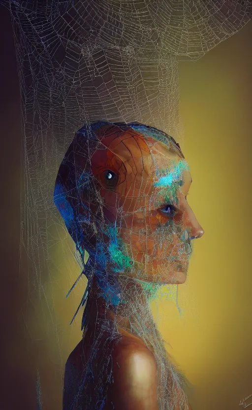 Image similar to a oil painting hyperrealism of a beautiful woman, cobwebs, spider makeup, cobwev headdress, 8 k resolution, octane render, trending on artstation, by gediminas pranckevicius, volumetric light 2 blue fractal thunder glow by dan mumford, anaglyph effect, laurie lipton