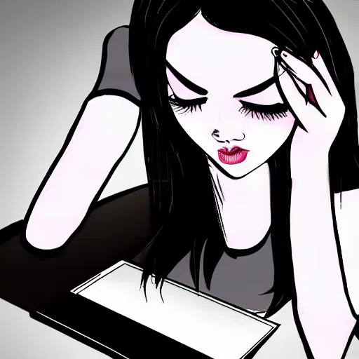 Image similar to 2000's scene emo beautiful girl drawing on tablet
