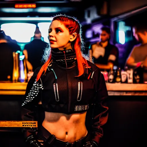 Image similar to photograph of retro techwear coed loitering near the bar of a packed busy rundown nightclub, retrofuturism, brutalism, cyberpunk, sigma 85mm f/1.4, 35mm, 4k, depth of field, high resolution, 4k, 8k, hd, highly detailed, full color