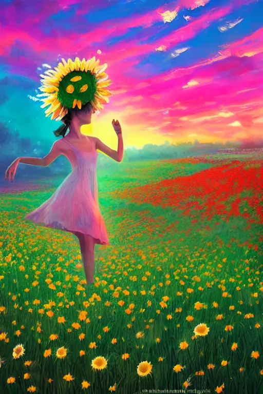 Image similar to giant daisy flower as head, girl dancing in a flower field, surreal photography, sunrise, dramatic light, impressionist painting, colorful clouds, digital painting, artstation, simon stalenhag