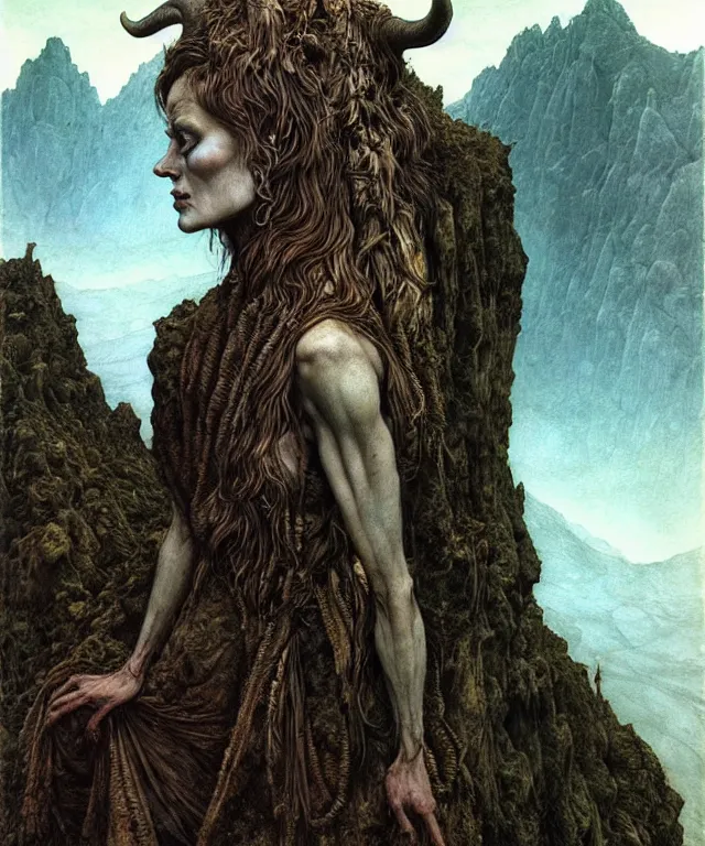 Image similar to A detailed horned goatwoman stands among the mountains. Wearing a ripped mantle, robe. Perfect faces, extremely high details, realistic, fantasy art, solo, masterpiece, art by Zdzisław Beksiński, Arthur Rackham, Dariusz Zawadzki