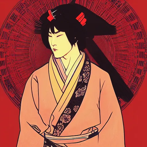 Image similar to portrait of a samurai, red moon on the background, illustration, pop art, thick brush, art by alphonse mucha, makoto shinkai