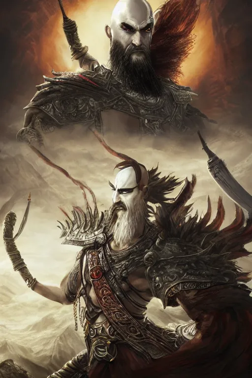 Image similar to an ultra detailed 3 d render of the sun tzu dressed like kratos as an elden ring boss, epic anime fantasy, 8 k, in the style of a fantasy metal album cover and magic the gathering, volumetric lighting, smooth, highly detailed, digital illustration, octane render, art by albert bierstadt and greg rutkowsi, artstation