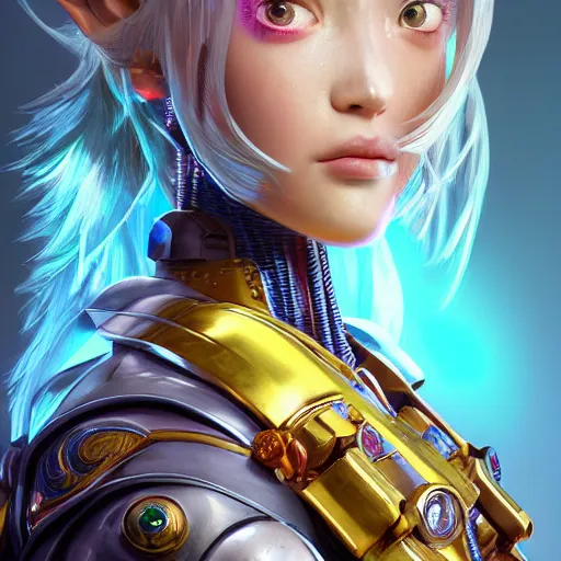 Image similar to studio portrait of lawful good colorful female holy mecha paladin absurdly beautiful, elegant, young sensual graceful woman, ultrafine hyperrealistic detailed face illustration by kim jung gi, irakli nadar, intricate linework, sharp focus, bright colors, matte, octopath traveler, final fantasy, unreal engine highly rendered, global illumination, radiant light, intricate environment