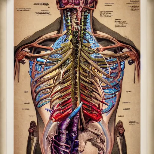 Image similar to cyberpunk, highly detailed labeled medical anatomy poster, anatomical drawing on poster paper with notes, extra beautiful colorful full page antique lithograph of artnouveau borders and designs, muted colors, parchment paper, art print, well - lit, ray tracing, horror, eldritch abomination, hyper realistic, 8 k post - processing