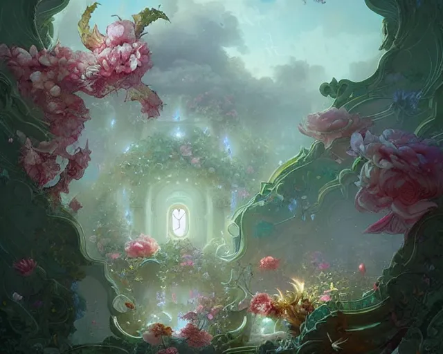 Prompt: flower pavilioin, ross tran, peter mohrbacher, ferdinand knab