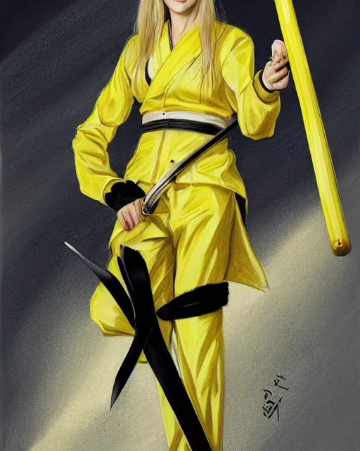 Prompt: drawing of a beautiful uma thurman in the movie kill bill, wearing a yellow jumpsuit with a black stripe, swinging katana, art deco, beautiful confident and piercing eyes, beautiful blonde hair, hyper realistic face, in the style of greg rutkowski, fantasy, amazing detail, epic, elegant, smooth, sharp focus, from the front