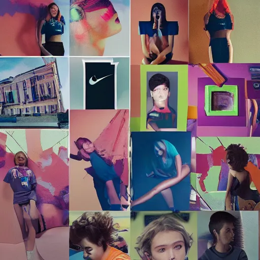 Image similar to nike lookbook campaign in the style of tyler mitchel, blue rays, redshift, wide shot, coloured polaroid photograph, pastel, kodak film, hyper real, stunning moody cinematography, by maripol, fallen angels by wong kar - wai, 3 5 mm, style of suspiria and neon demon, david hockney, detailed, film photography