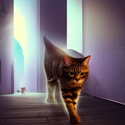 Image similar to a cat that is walking down a hallway, egyptian art by hanns katz, pixabay contest winner, magical realism, anamorphic lens flare, storybook illustration, matte painting