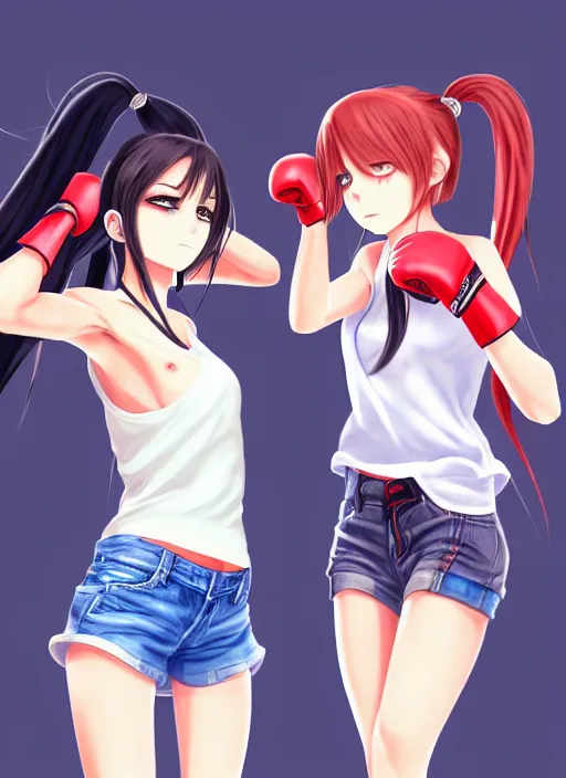 Prompt: two beautiful identical female fighters facing each other, jean shorts, white top, dim lighting, gorgeous features, high resolution, detailed digital anime art