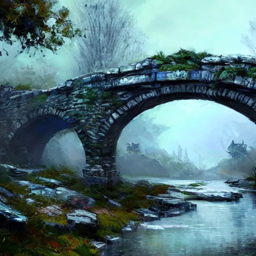 Prompt: acrylic painting, impressionism and expressionism, bold colors, expressive brushstrokes. a stone bridge over a river in riverwood, skyrim. raining. wide - angle shot. overcast. springtime. fantasy art by wadim kashin, cgsociety, nature art