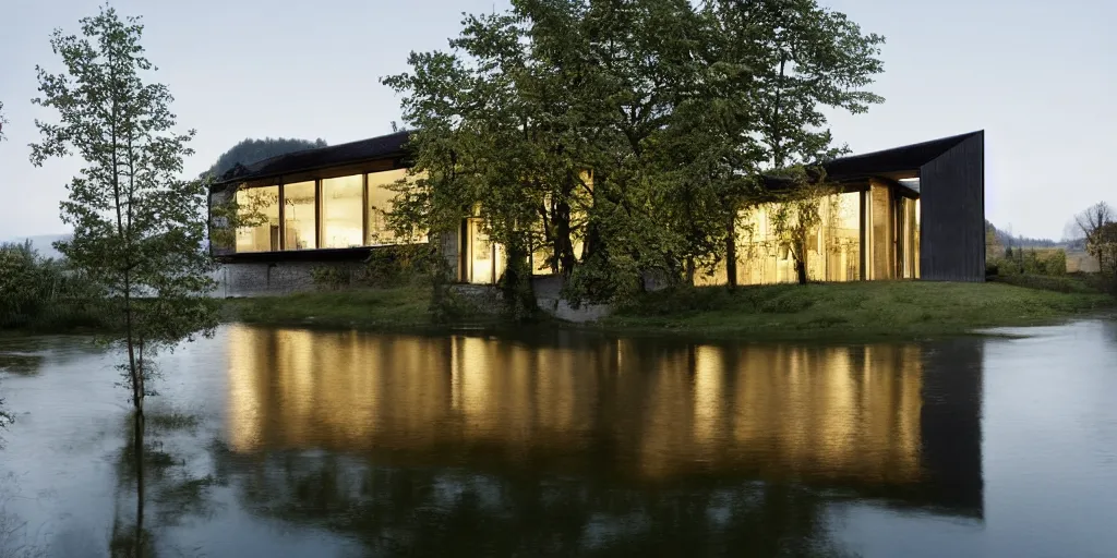 Image similar to a house by the river rhein close to mumpf designed by peter zumthor, beautiful ambient light, silver hour