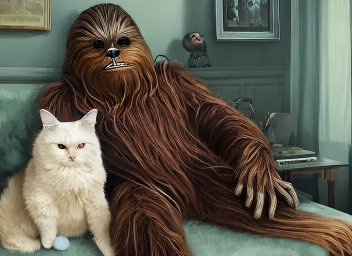 Prompt: wookiee is comfy at home trading crypto with his cat. the charts are at all time highs, gains, green charts, painting by grant wood, 3 d rendering by beeple, wlop