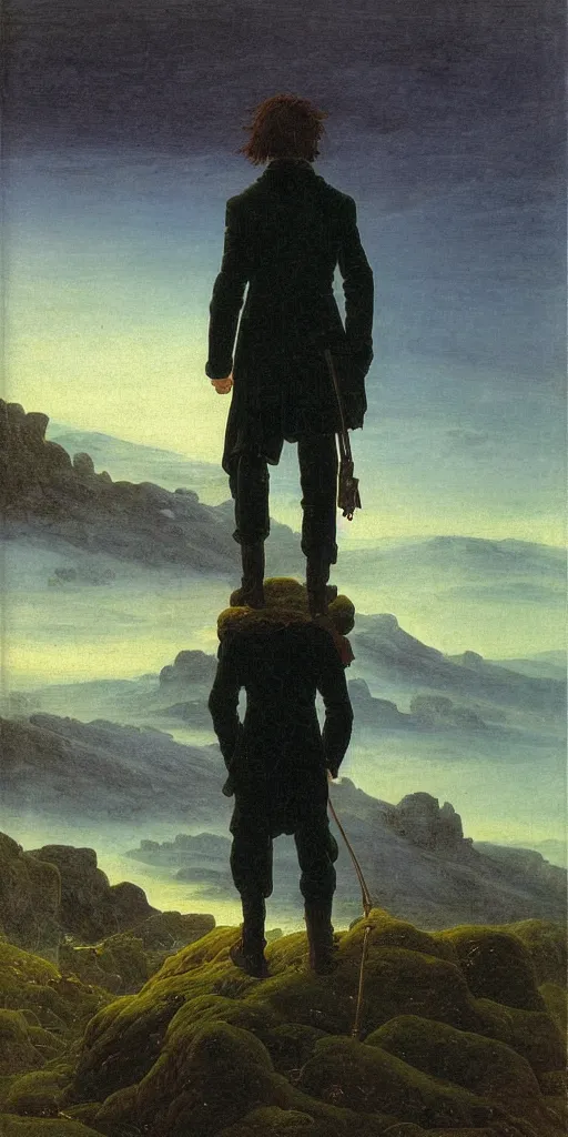 Prompt: wanderer above the sea of fog by caspar david friedrich, shaggy shoulders long black hair, teenager, highly detailed, one full body single portrait