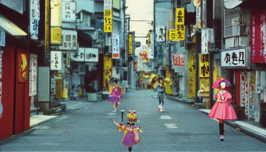 Prompt: A film still from a 1990s Sailor Moon cartoon featuring a girl with an umbrella walking through a side street in Japan